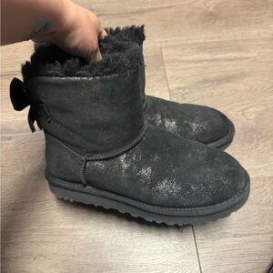 Black Shearling Ankle Boots with Bow
